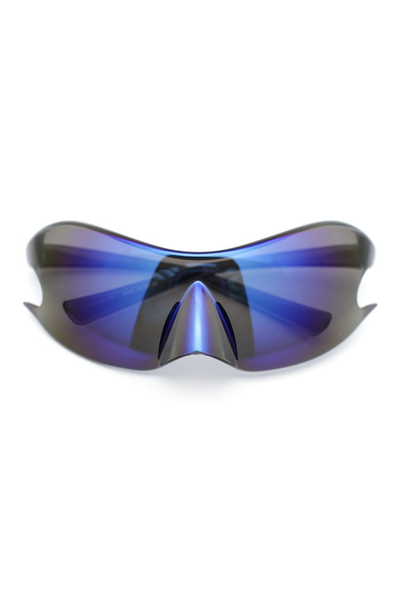 Swooping Flame Shape Shield Wrap Color Mirror Sport Rimless Sunglasses Blue Mirror