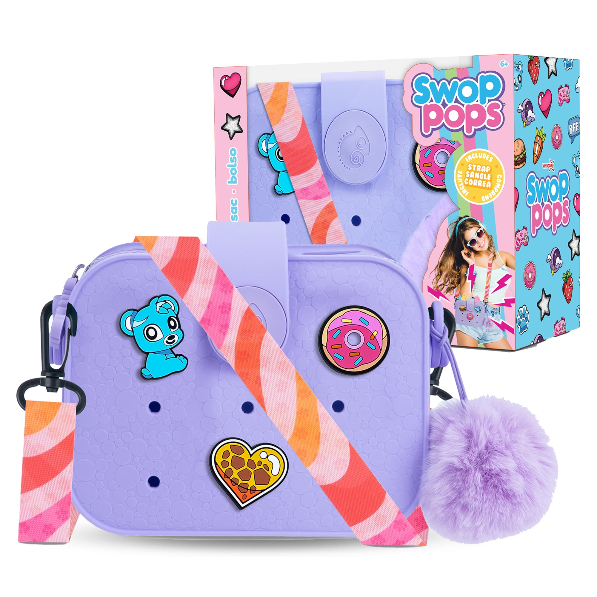 Swop Pop Ultimate Handbag Set - Fashion Play Toy with Pops, Badges, Strap & Fluffy Pompom - Girls Mix & Match Toy for Creative Expression, Trendy Dress Up Purse & Collectible Bag for Kids (Purple)