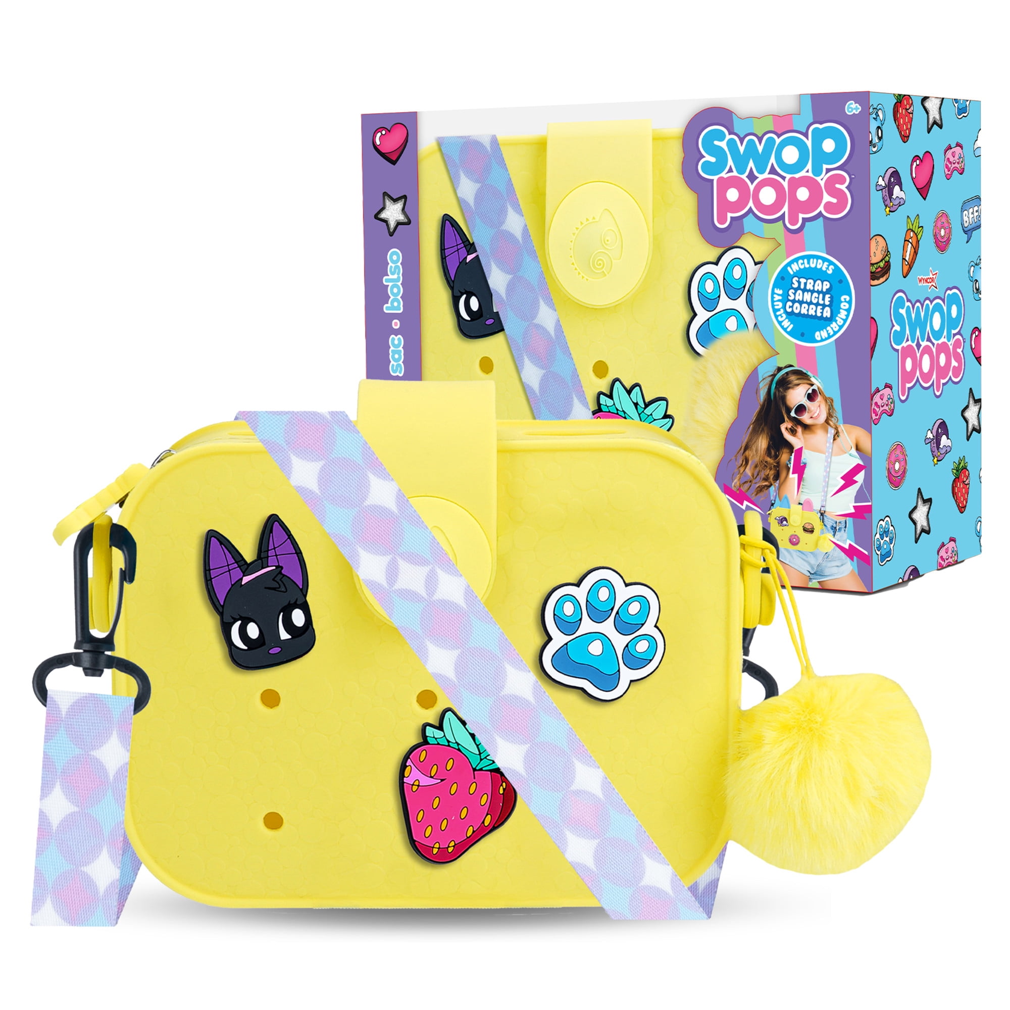Swop Pop Ultimate Purse Set - Kids Fashion Toy with Pops, Badges, Strap & Fluffy Pompom - Girls Fashion Accessories, Trendy Bag for Kids & Pretend Play Fashion Set with Mix & Match Fun (Yellow)