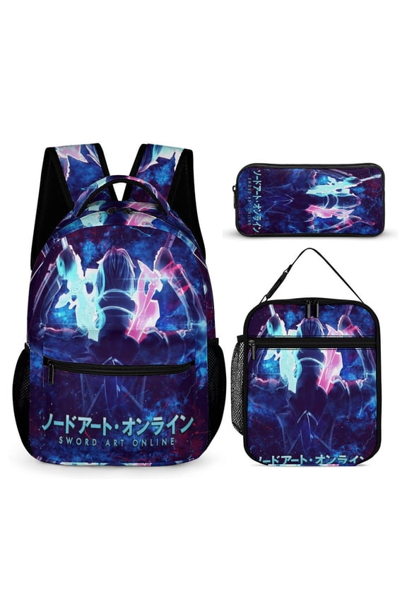Sword Anime Art Online 3 PC Backpack Set Casual School Bag Daypack with Lunch Bag Outdoor Travel Large Capacity BagsOne Size