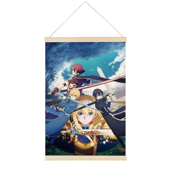 Sword Art Online Poster Hanger Art, Japanese Anime Scroll Poster, Wood Magnet Poster Frame for Bedroom Living Room Dorm