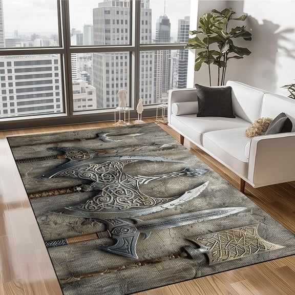 Sword and Axe Viking Warrior Pattern Rug, Viking Area Rug Non-Slip Floor Mat Indoor Outdoor Carpet for Living Room Bedroom Kids Room Home Decor Throw Rugs Runner Rugs