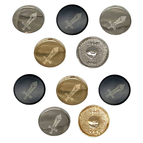 Sword Blade Fighter Fantasy Weapon Set of 10 Metal 0.6" (15mm) Sewing Shank Round Buttons - Gold Color