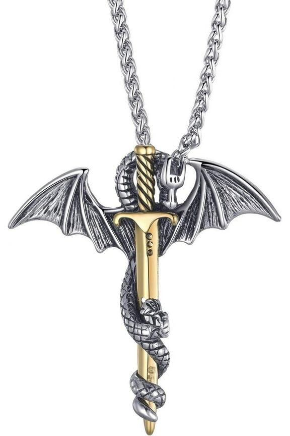 Sword Dragon Necklace for Men 24 Inches Stainless Steel Link Chain
