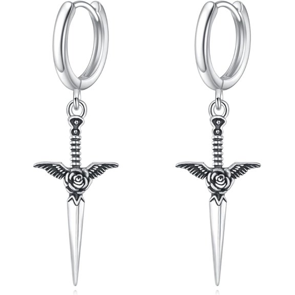 Sterling Silver Rose Drop Dagger Dangle Earrings - Sword Jewelry Gift for Women & Men