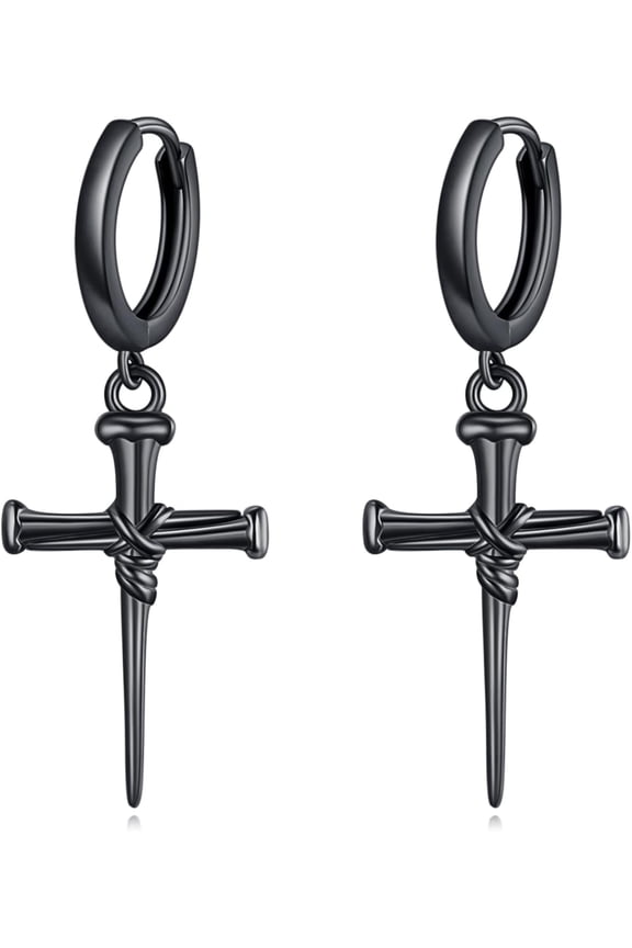 Nail Cross Earrings 925 Sterling Silver Black Nail Drop Earrings Nails Cross Dangle Earrings Gothic Jewelry Gift for Women Men