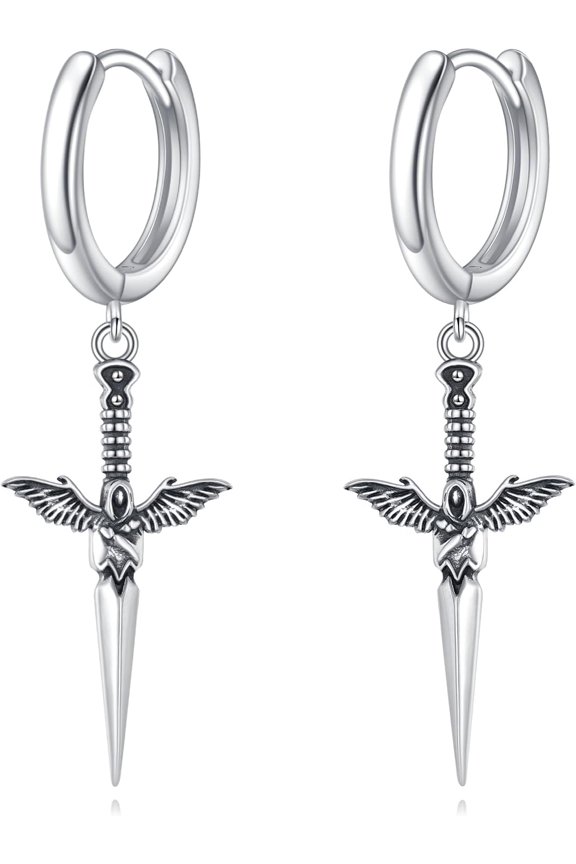 Sword Drop Earrings 925 Sterling Silver Dagger Hoop Dangle Earrings Viking Jewelry Gift for Women Men