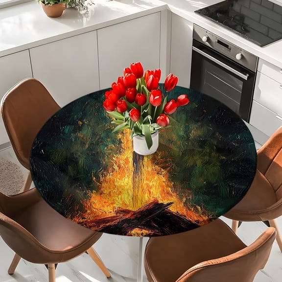 Sword in Fire Round Fitted Tablecloth with Elastic Edge,Waterproof Table Cloth Fits Tables Up to 36"-44",Wipeable Washable Table Cover for Indoor Outdoor Dinning Party,Burning Wood Art