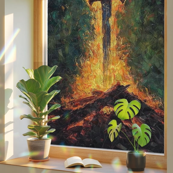 Sword in Fire Window Privacy Film, Rainbow Film Decorative Window Sticker 17.7x39.3in, Burning Wood Art Sun Blocking Static Stained Glass Cling Tint Non-Adhesive