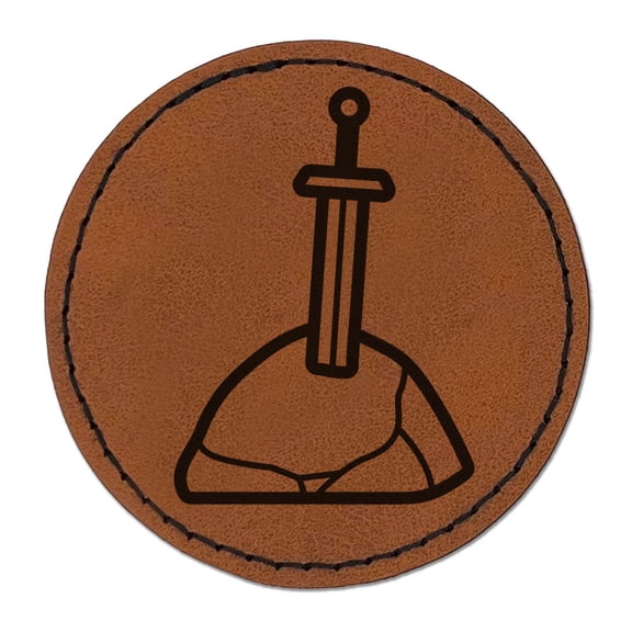 Sword In Stone King Arthur Camelot Medieval Fantasy Round Iron-On Engraved Faux Leather Patch Applique - 2.5 Inch - Brown