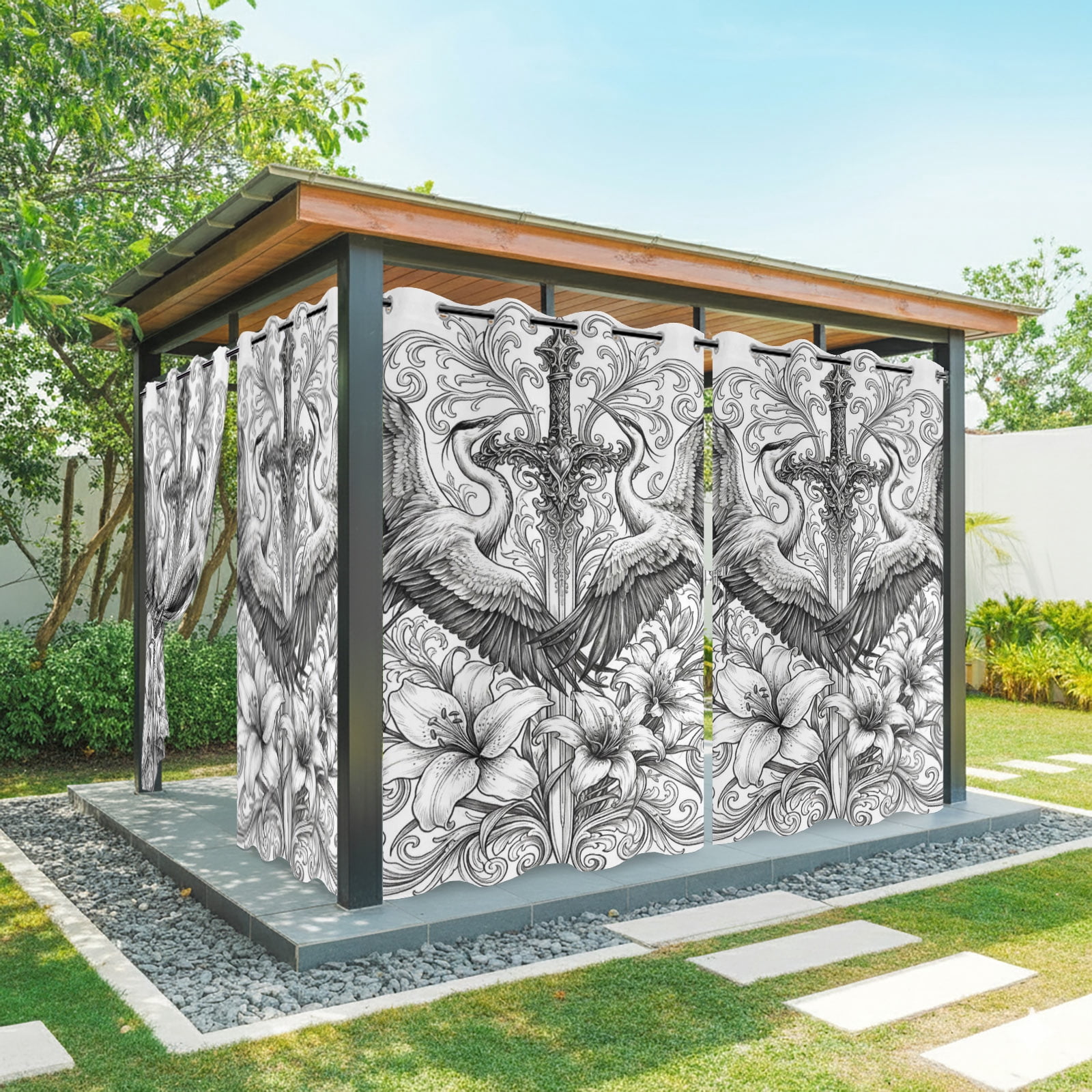 Sword Lily Flowers Outdoor Curtains for Patio, Floral Sword Goth Vintage Sunshade Privacy Drapes Grommet Waterproof Outside Curtains for Porch/Cabana/Balcony 54"x 108", 1 Panel