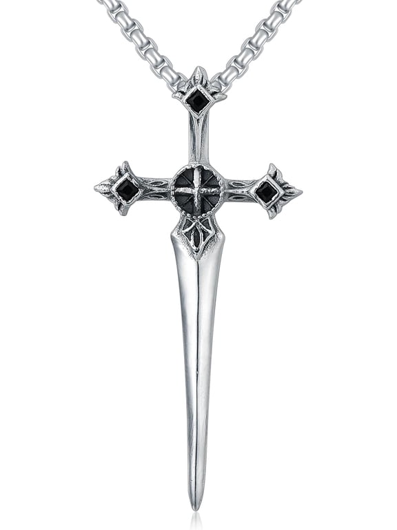 Sword Necklace for Men Women 925 Sterling Silver Cubic Zirconia Medieval Cross Dagger Pendant with Chain Knife Charm Black Cool Gothic Christmas Birthday Jewelry Gifts for Teens Boys Girls