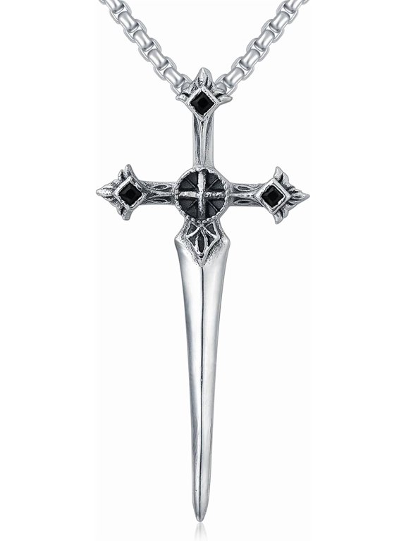 Sword Necklace for Men Women 925 Sterling Silver Cubic Zirconia Medieval Cross Dagger Pendant with Chain Knife Charm Black Cool Gothic Christmas Birthday Jewelry Gifts for Teens Boys Girls