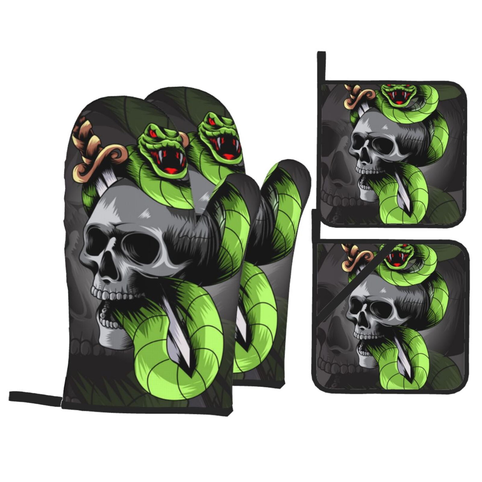 Sword Pierced Skull With Snake 4Pcs Oven Mitts and Pot Holders Sets Oven Kitchen Gloves Hot Pads for Cooking BBQ Baking Grilling