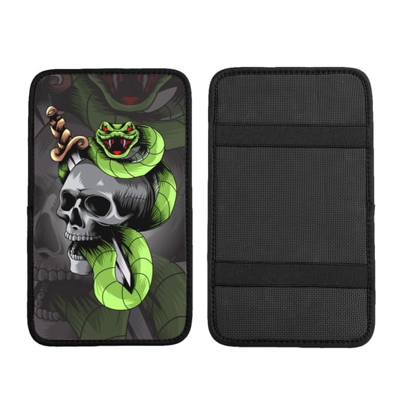 Sword Pierced Skull With Snake Car Armrest Cover Center Console Pad - Neoprene Cushion with Elastic Straps Universal Fit for Vehicles SUV