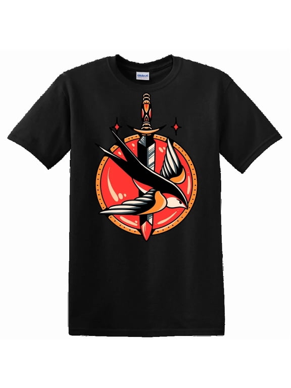Sword and Bird Graphic T Shirt Vintage Tattoo Design Tee for Men and Women