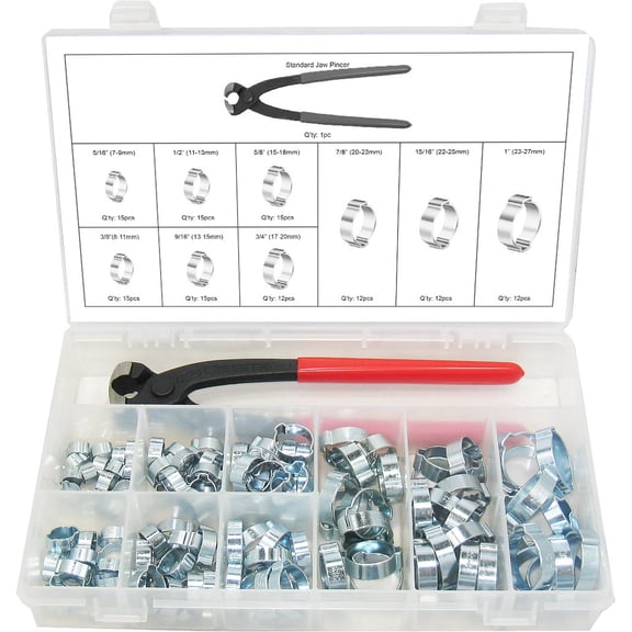 Swordfish 30310-2 Ear Hose Clamp and Standard Jaw Pincer Assortment Kit, 124 pieces, 9 sizes ear clamps from 5/16" to 1" (9mm-27mm)