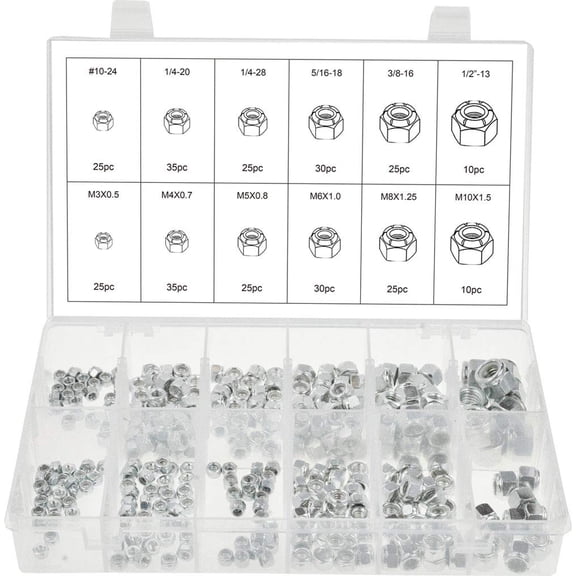 Swordfish 30450  300pc Stainless Steel Nylon Insert Lock Nut Assortment, SAE & Metric, 12 Sizes, VibrationResistant Locknuts for Automotive & Hardware Use