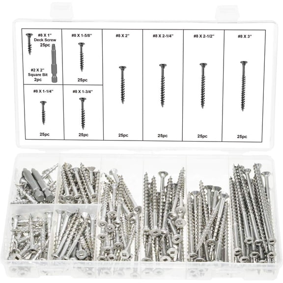 Swordfish 32620 - Stainless Steel Square Drive Type 17 Cutting Point Wood & Deck Screw Assortment, No.#8 Screws Total 8 Sizes, Package of 202 Pieces