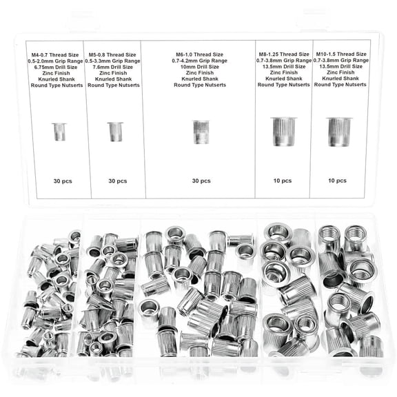 Swordfish 32711  110pc Metric RoundType Thin Sheet NutInsert / Nutsert Rivnut Assortment, Sizes M4, M5, M6, M8, M10 for Metal & Hardware Use