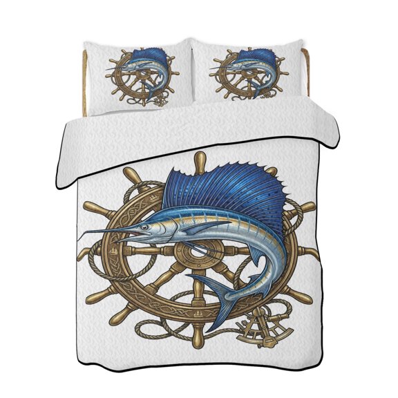 Swordfish Ship Wheel Quilts Bedding Set Full Size Coastal Nautical Blue Gold Anchor Rope Lightweight Quilted Bedspread 3 Piece Bed Quilt with 2 Pillow Shams All Season for Bedroom 68" x 98"