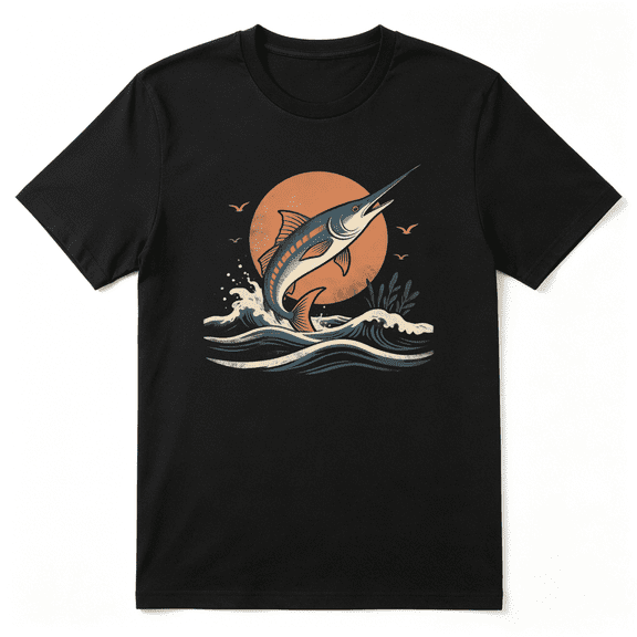 Swordfish Sunset Ocean Wave Seabird Vintage Graphic Tee for Men, Fishing Fan Hilarious Cotton Short Sleeves T-Shirt