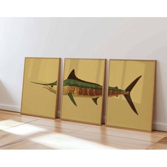 Swordfish Wall Art Set, Retro Green and Gold Fish Prints, Coastal Decor, Poster Only