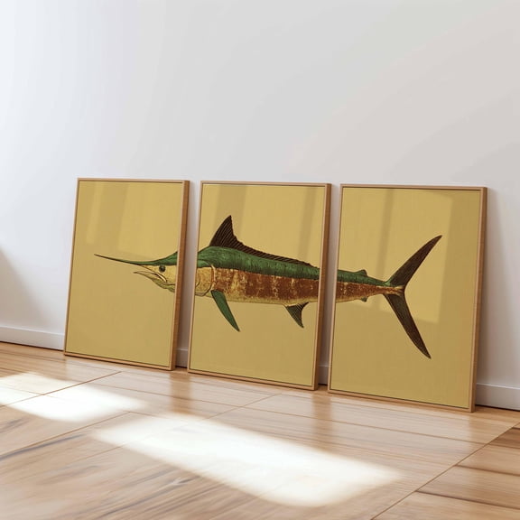 Swordfish Wall Art Set Retro Green and Gold Fish Prints Coastal Decor Set 3