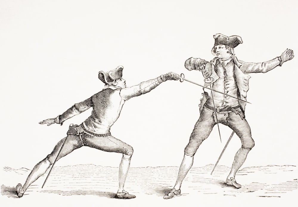 A Swordsman Parries A Thrust From His Opponent From Xviii Siecle Institutions Usages Et Costumes Published Paris 1875 Canvas Art - Ken Welsh Design Pics (17 x 12)
