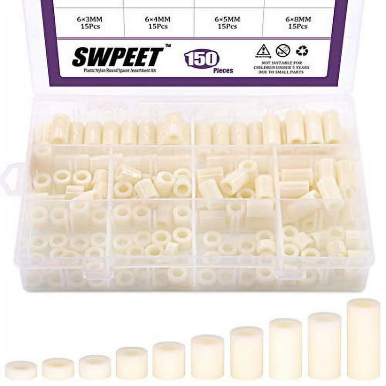 Swpeet 150Pcs Nylon Round Spacer Standoff Screw Nut Assortment Kit