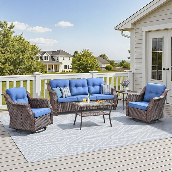 Swpormundo 5 Pieces Patio Furniture Set with Coffee Table, Patio Conversation Sets with Wicker Swivel Chair for Backyard Garden