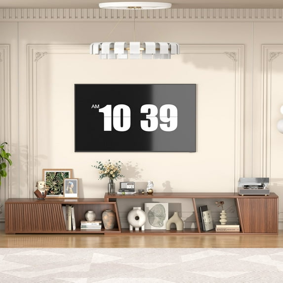 Swpormundo Extendable TV Stand with 2 Cabinets Minimalist Rectangle Entertainment Center Walnut TV Console Table up to 110" (Extendable: 70.9”W-106”W) (Walnut)