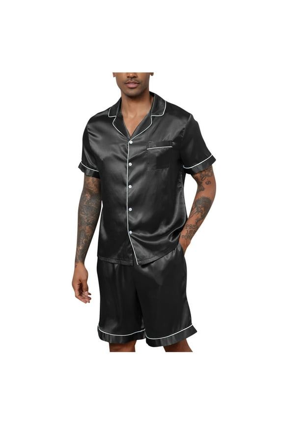 Mens Pajama Sets, Men Casual Solid Buttons Turn Down Collar Short Sleeve Shirts and Shorts Satin Pajamas Sets Black M