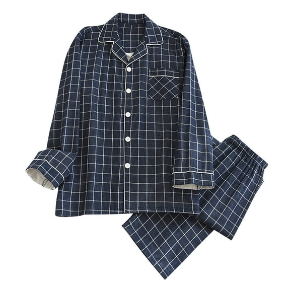SROBPTY Mens Pajama Sets, Men's Casual Loose Plaid Printed Long Sleeve Collared Shirts and Long Pants Thin Pajama Sets Navy XXL