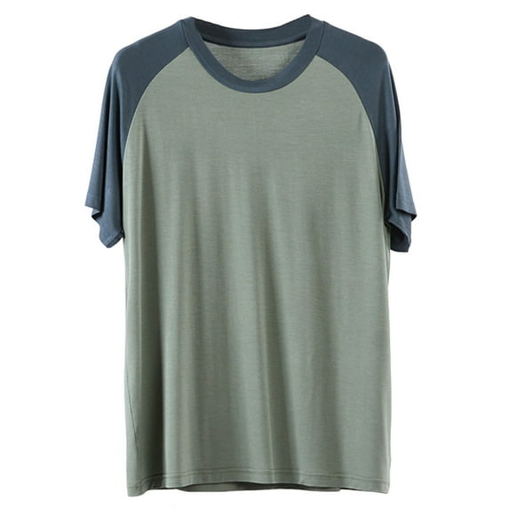 SROBPTY Mens Pajama Shirts, Men Casual Fashion Spliced Short Sleeve Round Neck Solid Pullover Pajama Shirt Top Army Green XXXXL