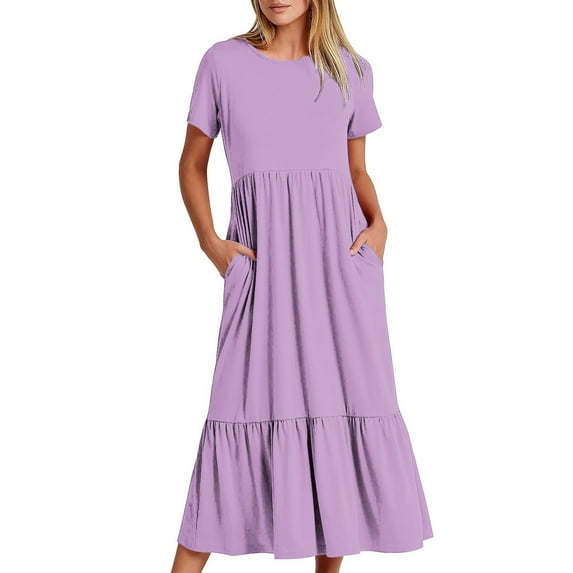 SROBPTY Summer Savings Clearance 2025! for Womens Summer Dress, Casual Dress for Women, Women's Summer Casual Short Sleeve Crew Neck Dress Casual Flowy Maxi Beach Dress with Pockets Purple XL