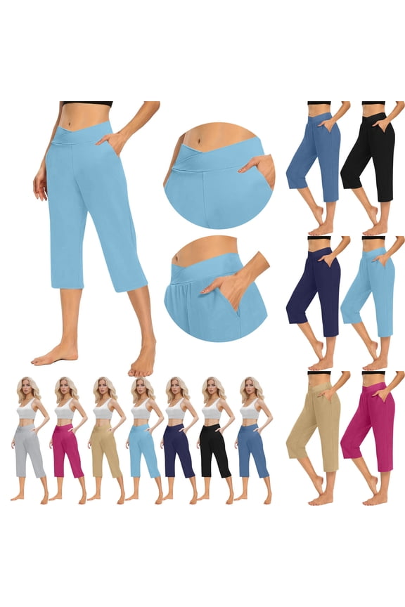 Womens Capris Pants Plus Size, Summer Pants for Women, Women's Solid Elastic Waist Casual Stretchy Cropped Pants with Pocket Summer Clothing Hot Pink XL