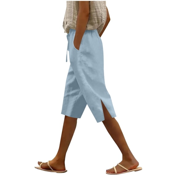 SROBPTY Womens Summer Capris Pants Plus Size Summer Cotton and Linen Solid Loose Straight Leg Five Quarter Pants with Pockets