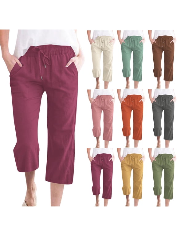 Womens Capris Pants Plus Size, Summer Pants for Women, Womens Casual Solid Color Elastic Loose Capris Pants with Pocket Wine L