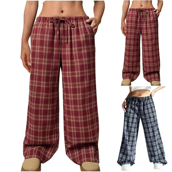 SROBPTY Womens Pants Plus Size, Summer Pants for Women, Women's Casual Loose Drawstring Plaid Printed Pants with Pocket Red XL