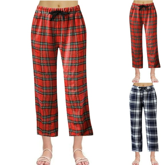 Swstbby Womens Pants Plus Size, Summer Pants for Women, Womens Casual Fashion Plaid Printed Lace Up Outerwear Sleepwear Long Pants with Pockets Red S