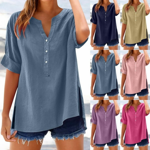 SROBPTY Womens Tops Plus Size, Summer Linen Shirts for Women, Women's Solid Color Short Sleeve V Neck Pullover with Button Fashion Blouses Light Blue XXL