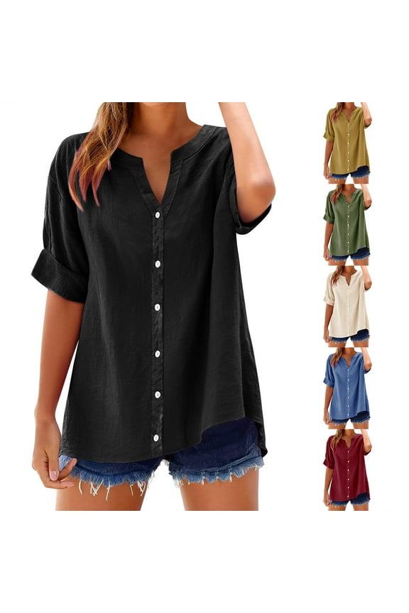 Womens Tops Plus Size, Summer Linen Shirts for Women, Women's Casual Short Sleeve V Neck Summer Loose Tee Shirts Blouse Army Green M