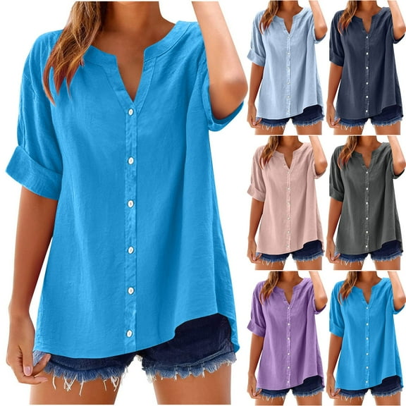 SROBPTY Womens Tops Plus Size, Summer Linen Shirts for Women, Women's Casual Short Sleeve V Neck Summer Loose Tee Shirts Blouse Pink S