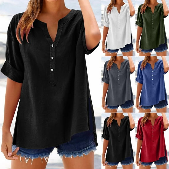 SROBPTY Womens Tops Plus Size, Summer Linen Shirts for Women, Women's Solid Color Short Sleeve V Neck Pullover with Button Fashion Blouses White L