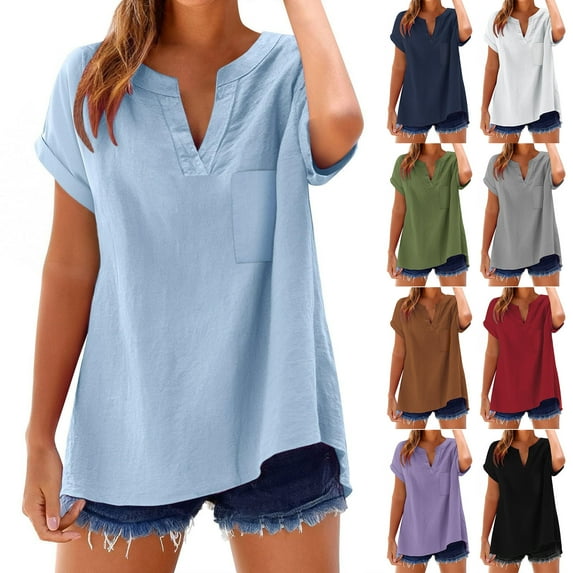 SROBPTY Womens Tops Plus Size, Summer Linen Shirts for Women, Women's Summer Linen Shirt Short Sleeve V Neck Solid Color Comfortable Top Black M