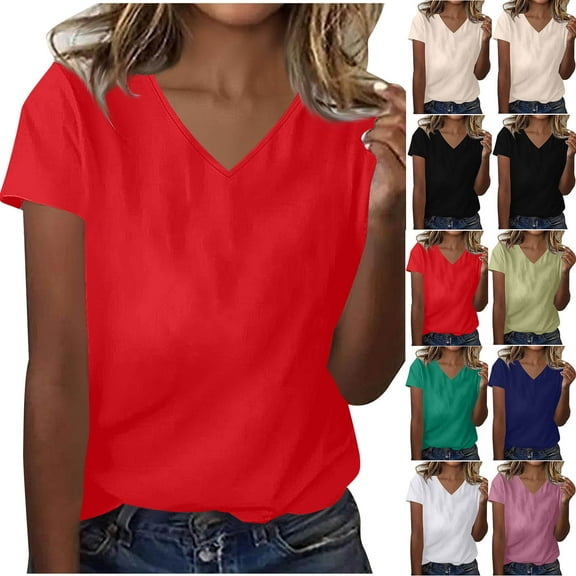 SROBPTY Womens Tops Plus Size, Summer Shirts for Women, Fashion Women's Summer Short Sleeve Solid V Neck Blouses Green XL