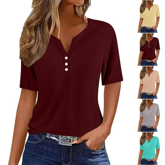 SROBPTY Womens Tops Plus Size, Summer Shirts for Women, Women's Casual Solid Color Short Sleeve V Neck Button Top Wine S