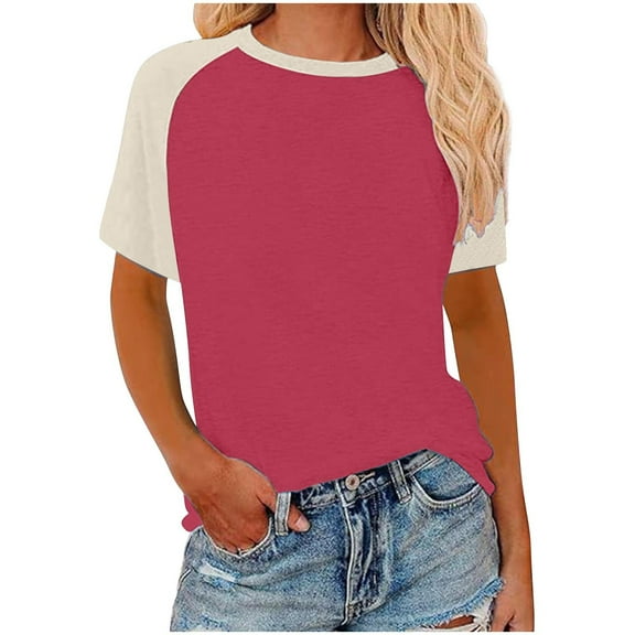SROBPTY Womens Tops Plus Size, Summer Shirts for Women, Women's Contrasting Printed Short Sleeve Round Neck Pullover Fashion Top Wine XXXXXL