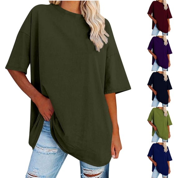 SROBPTY Womens Tops Plus Size, Summer Shirts for Women, Women's Fashion Solid Loose Half Sleeve Round Neck Cotton Tops Green XXL